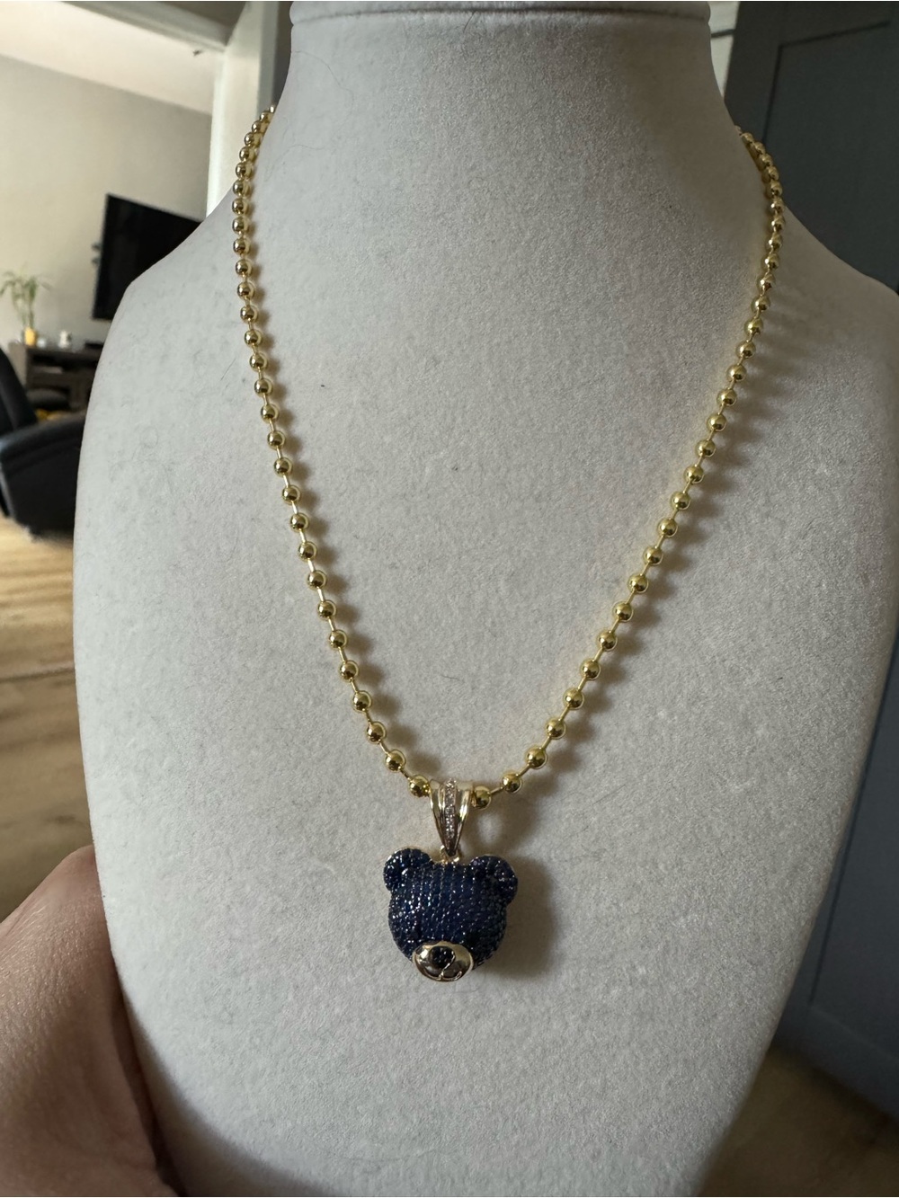 Gold-Tone Necklace with Blue Pave Teddy Bear Pendant